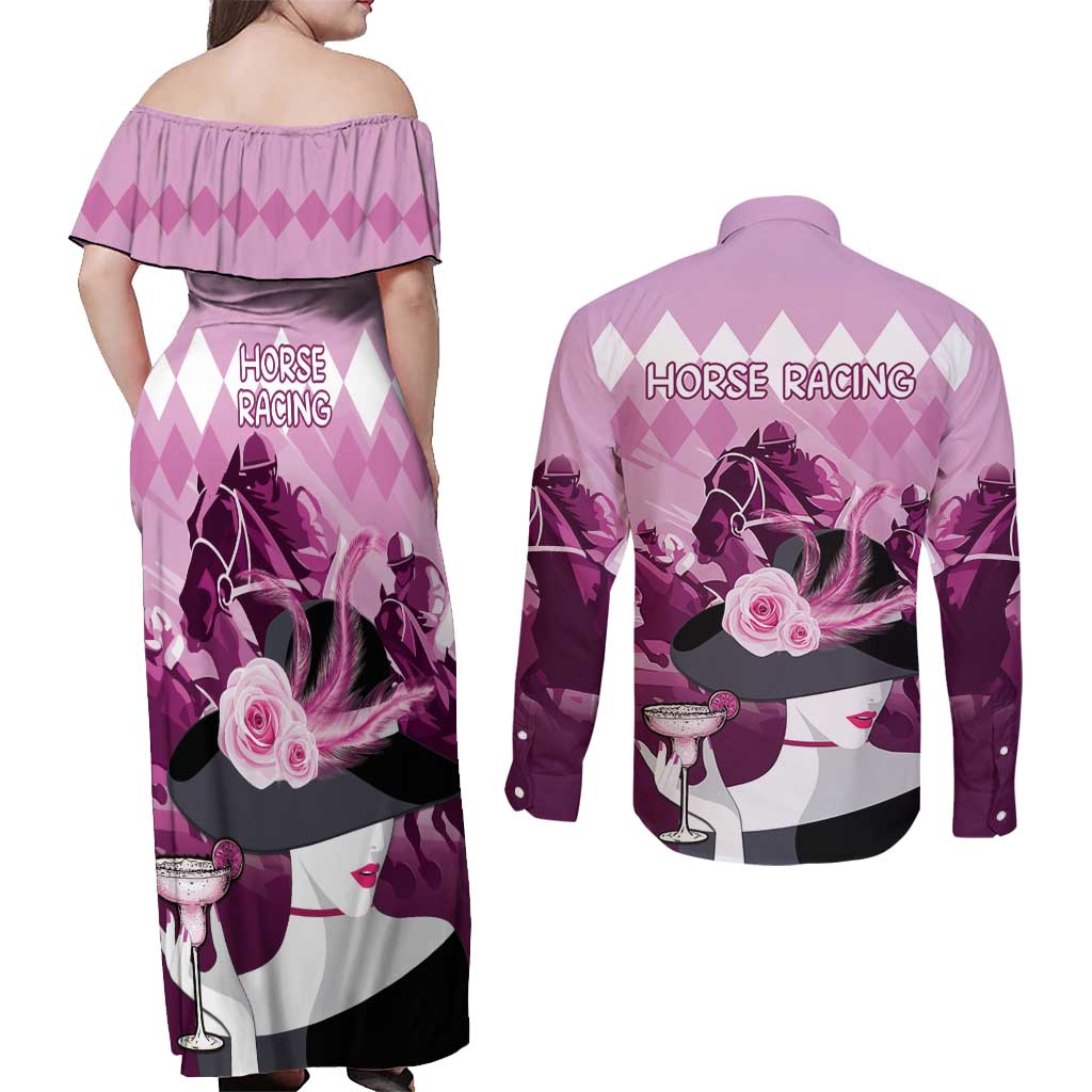 Kentucky Horse Racing Couples Matching Off Shoulder Maxi Dress and Long Sleeve Button Shirt Derby Mint Julep Girl - Pink Pastel LT14