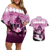 Kentucky Horse Racing Couples Matching Off Shoulder Short Dress and Hawaiian Shirt Derby Mint Julep Girl - Pink Pastel LT14
