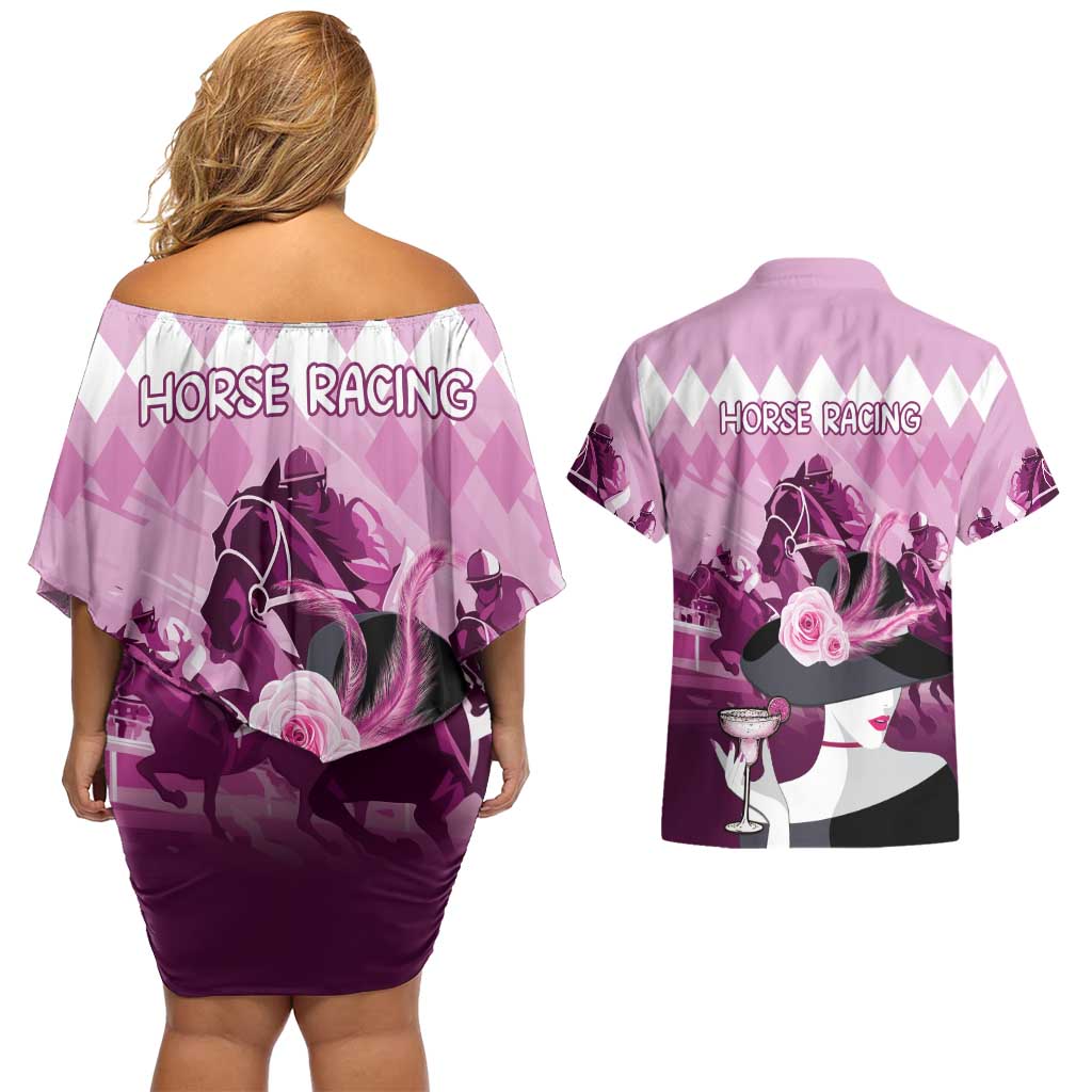 Kentucky Horse Racing Couples Matching Off Shoulder Short Dress and Hawaiian Shirt Derby Mint Julep Girl - Pink Pastel LT14