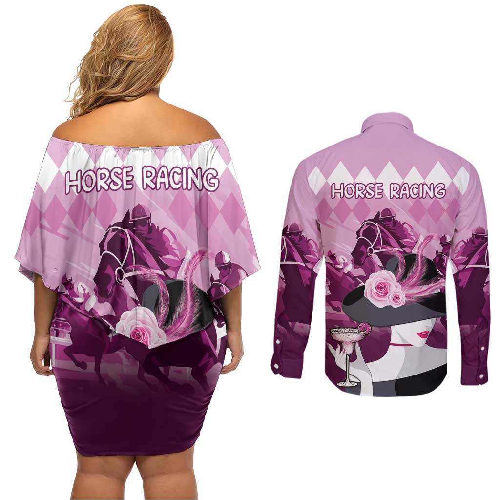 Kentucky Horse Racing Couples Matching Off Shoulder Short Dress and Long Sleeve Button Shirt Derby Mint Julep Girl - Pink Pastel LT14