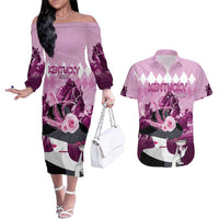 Kentucky Horse Racing Couples Matching Off The Shoulder Long Sleeve Dress and Hawaiian Shirt Derby Mint Julep Girl - Pink Pastel LT14