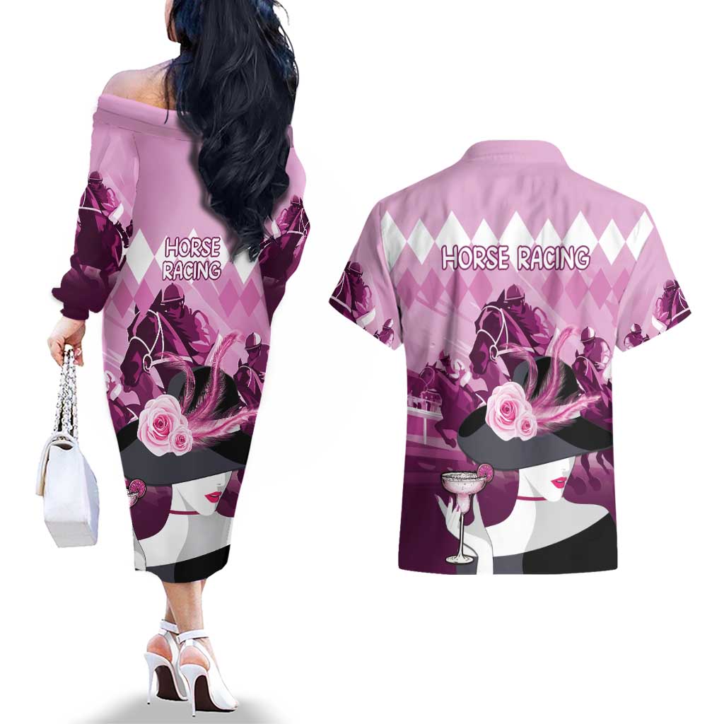 Kentucky Horse Racing Couples Matching Off The Shoulder Long Sleeve Dress and Hawaiian Shirt Derby Mint Julep Girl - Pink Pastel LT14
