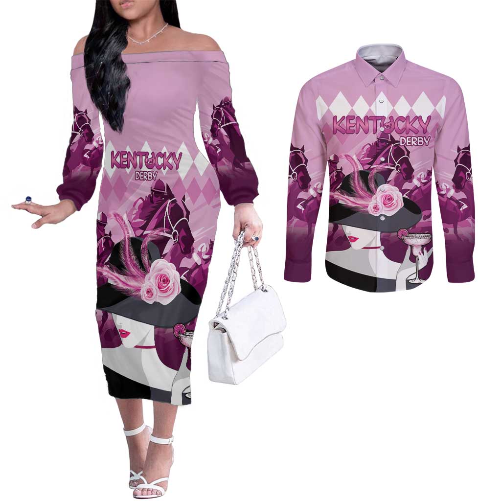 Kentucky Horse Racing Couples Matching Off The Shoulder Long Sleeve Dress and Long Sleeve Button Shirt Derby Mint Julep Girl - Pink Pastel LT14