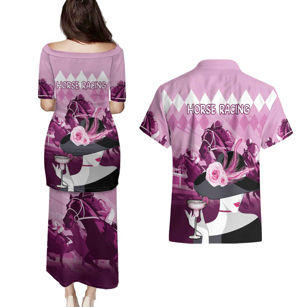 Kentucky Horse Racing Couples Matching Puletasi and Hawaiian Shirt Derby Mint Julep Girl - Pink Pastel LT14