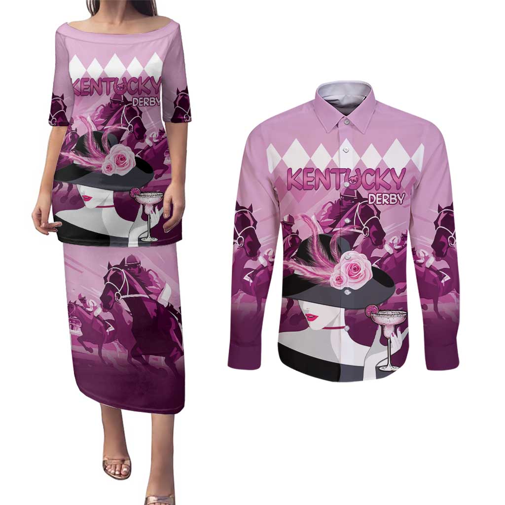Kentucky Horse Racing Couples Matching Puletasi and Long Sleeve Button Shirt Derby Mint Julep Girl - Pink Pastel LT14