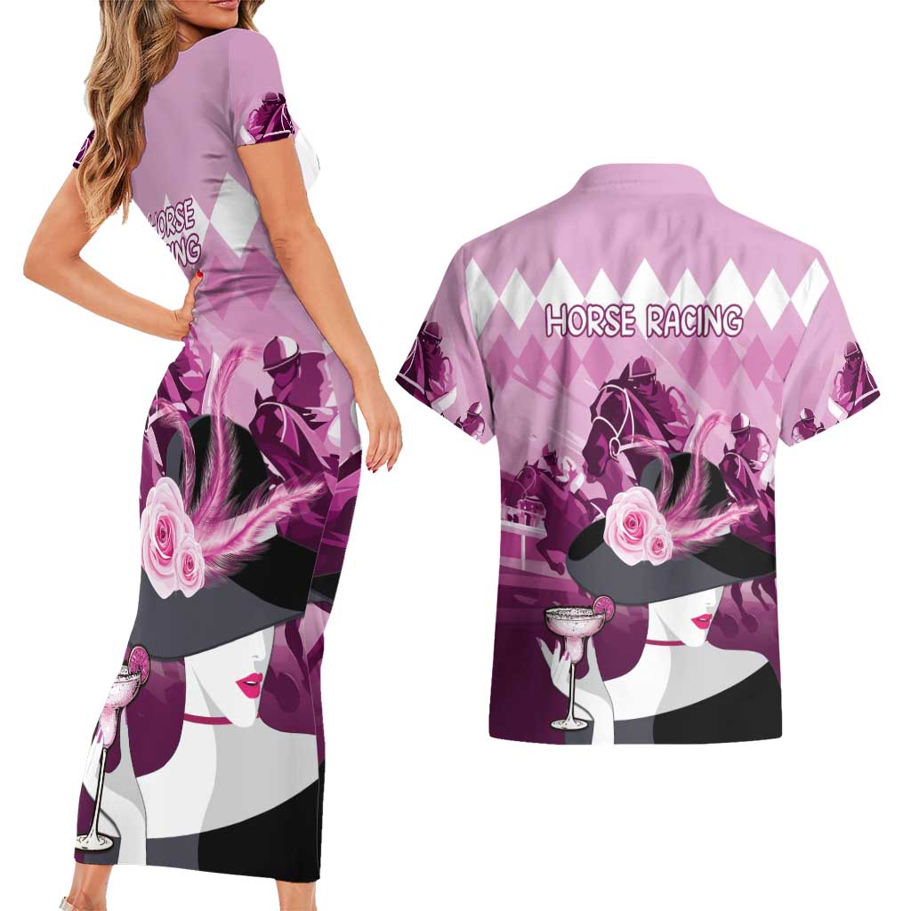 Kentucky Horse Racing Couples Matching Short Sleeve Bodycon Dress and Hawaiian Shirt Derby Mint Julep Girl - Pink Pastel LT14