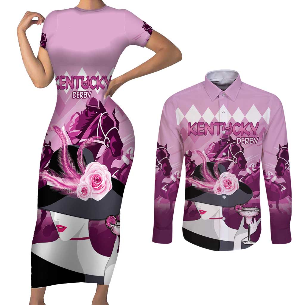 Kentucky Horse Racing Couples Matching Short Sleeve Bodycon Dress and Long Sleeve Button Shirt Derby Mint Julep Girl - Pink Pastel LT14