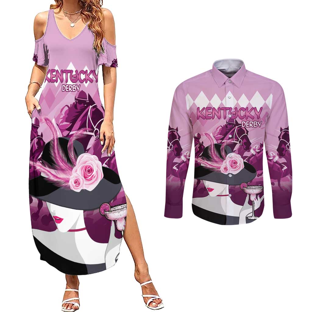 Kentucky Horse Racing Couples Matching Summer Maxi Dress and Long Sleeve Button Shirt Derby Mint Julep Girl - Pink Pastel LT14
