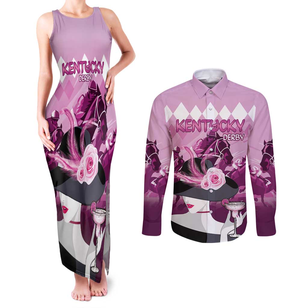 Kentucky Horse Racing Couples Matching Tank Maxi Dress and Long Sleeve Button Shirt Derby Mint Julep Girl - Pink Pastel LT14