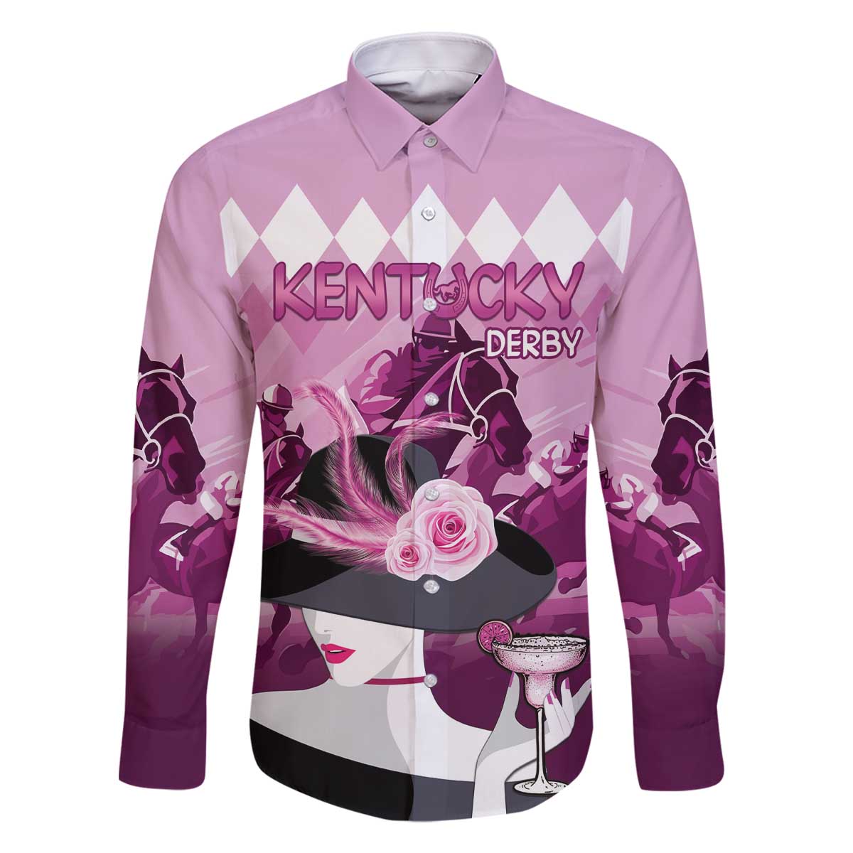 Kentucky Horse Racing Family Matching Off The Shoulder Long Sleeve Dress and Hawaiian Shirt Derby Mint Julep Girl - Pink Pastel LT14