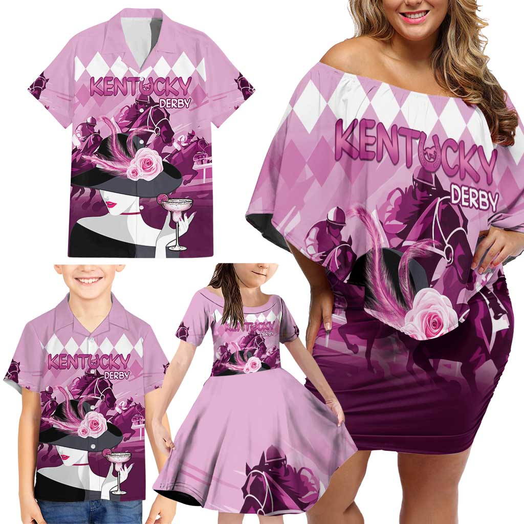 Kentucky Horse Racing Family Matching Off Shoulder Short Dress and Hawaiian Shirt Derby Mint Julep Girl - Pink Pastel LT14