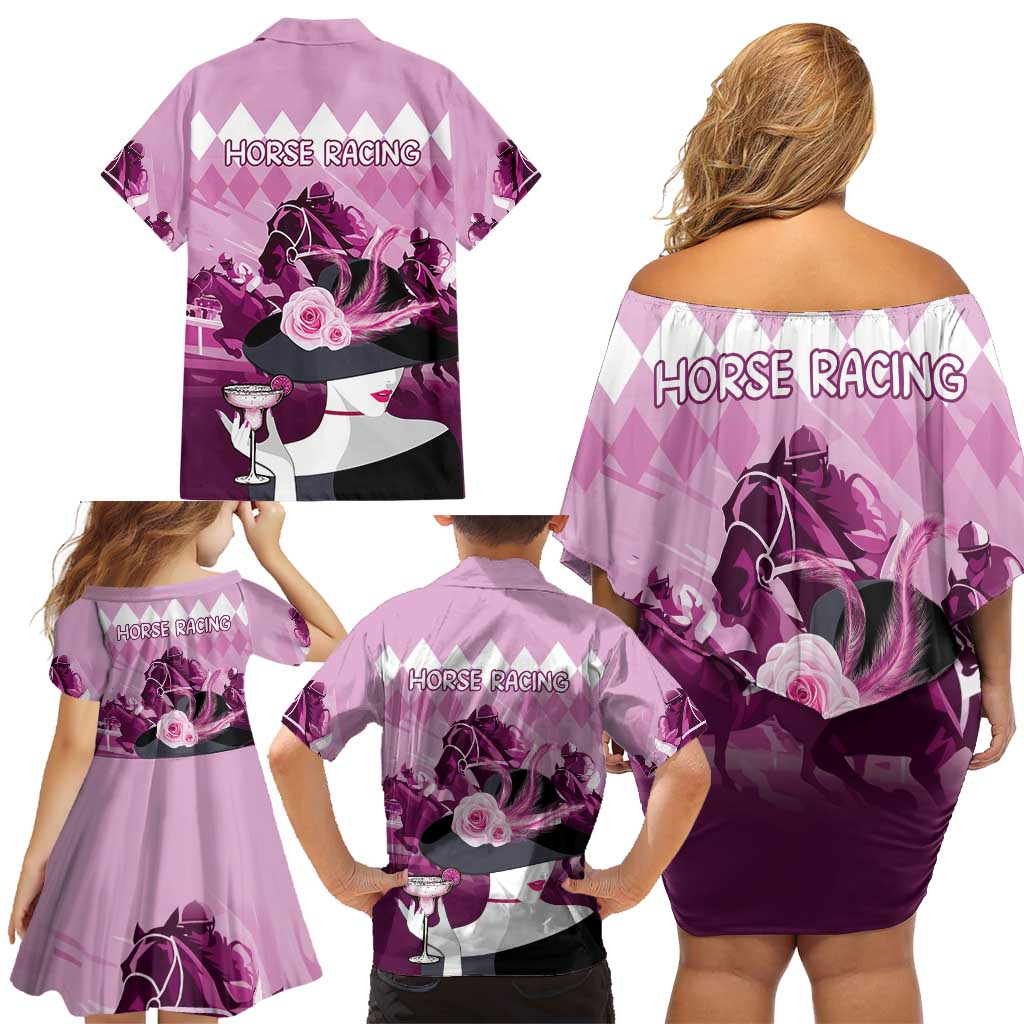 Kentucky Horse Racing Family Matching Off Shoulder Short Dress and Hawaiian Shirt Derby Mint Julep Girl - Pink Pastel LT14