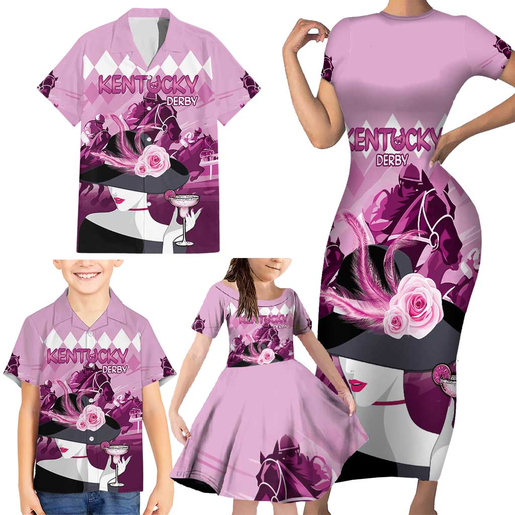 Kentucky Horse Racing Family Matching Short Sleeve Bodycon Dress and Hawaiian Shirt Derby Mint Julep Girl - Pink Pastel LT14