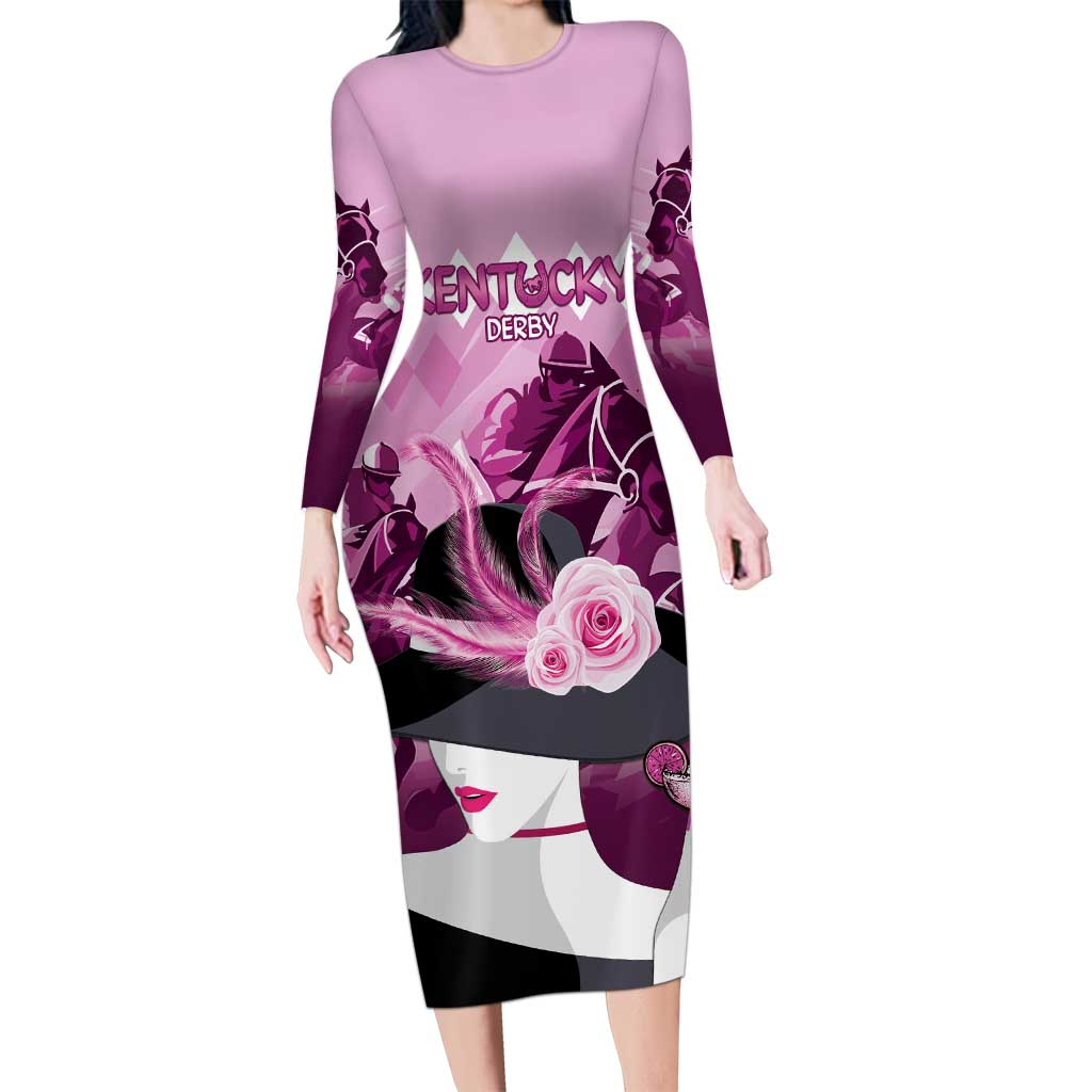 Kentucky Horse Racing Long Sleeve Bodycon Dress Derby Mint Julep Girl - Pink Pastel LT14