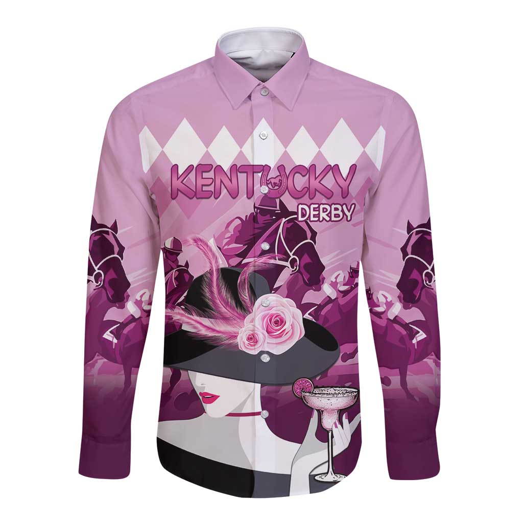 Kentucky Horse Racing Long Sleeve Button Shirt Derby Mint Julep Girl - Pink Pastel LT14