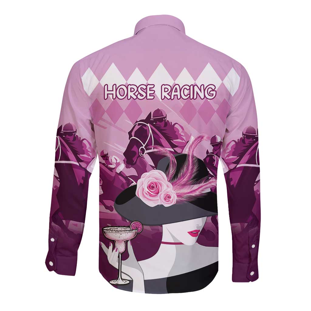Kentucky Horse Racing Long Sleeve Button Shirt Derby Mint Julep Girl - Pink Pastel LT14