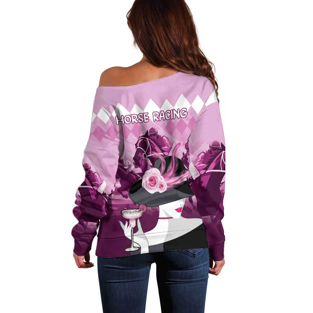 Kentucky Horse Racing Off Shoulder Sweater Derby Mint Julep Girl - Pink Pastel LT14