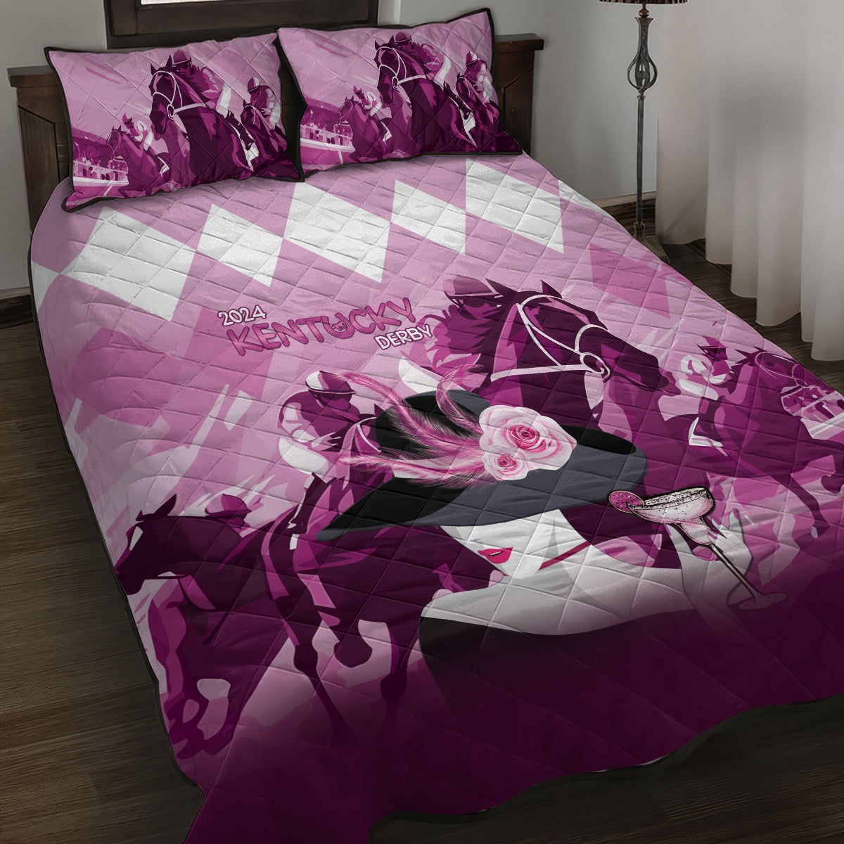 2024 Kentucky Horse Racing Quilt Bed Set Derby Mint Julep Girl - Pink Pastel