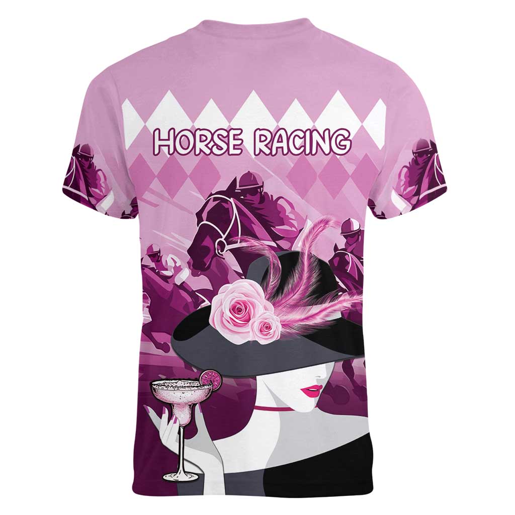 Kentucky Horse Racing Women V-Neck T-Shirt Derby Mint Julep Girl - Pink Pastel LT14