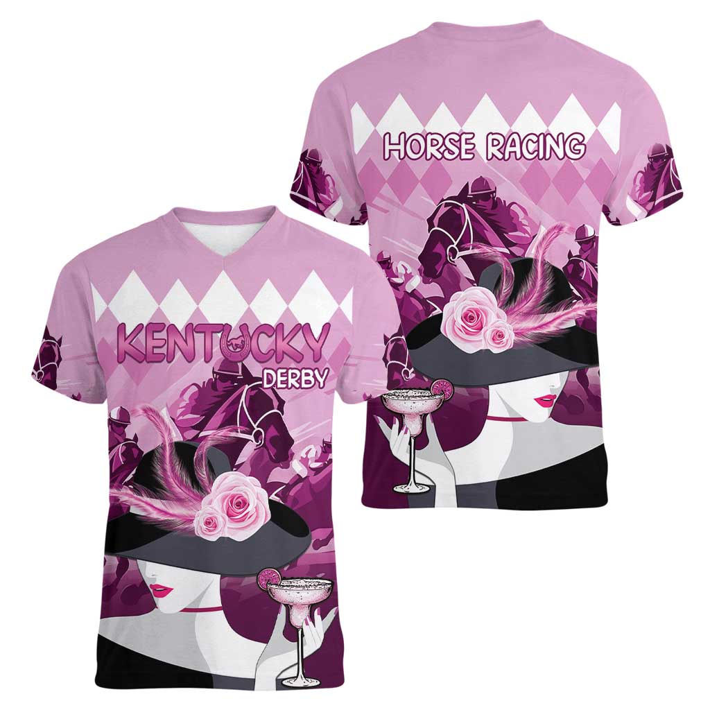 Kentucky Horse Racing Women V-Neck T-Shirt Derby Mint Julep Girl - Pink Pastel LT14
