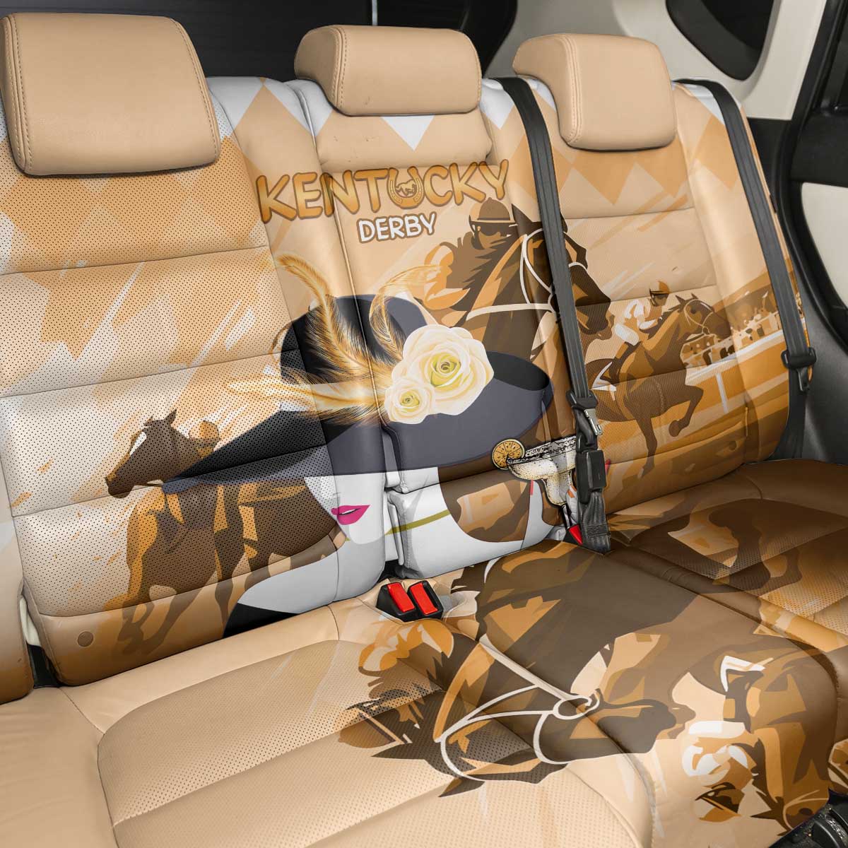 Kentucky Horse Racing Back Car Seat Cover Derby Mint Julep Girl - Gold Pastel LT14