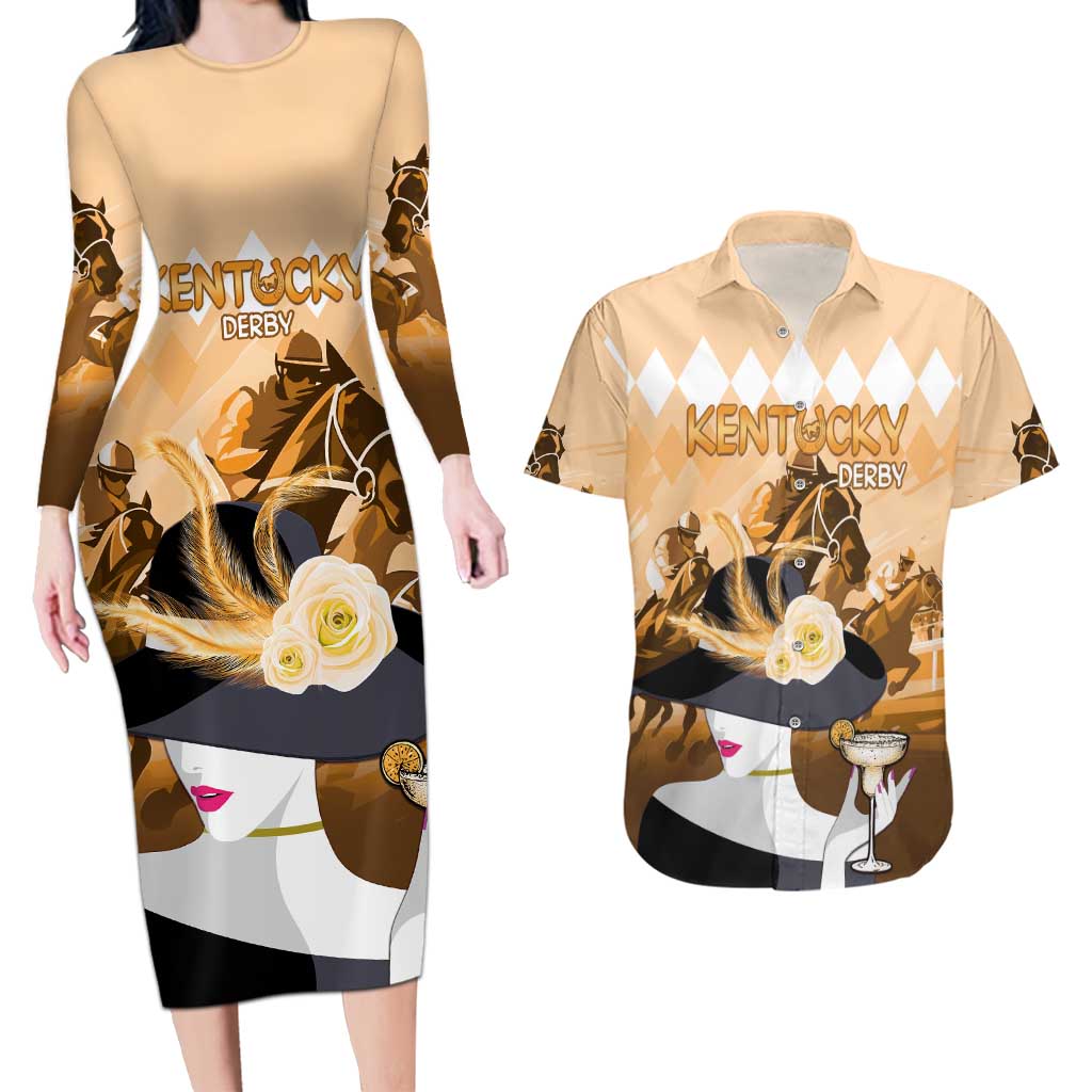 Kentucky Horse Racing Couples Matching Long Sleeve Bodycon Dress and Hawaiian Shirt Derby Mint Julep Girl - Gold Pastel LT14