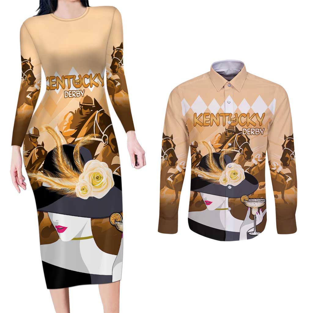 Kentucky Horse Racing Couples Matching Long Sleeve Bodycon Dress and Long Sleeve Button Shirt Derby Mint Julep Girl - Gold Pastel LT14