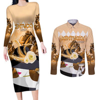 Kentucky Horse Racing Couples Matching Long Sleeve Bodycon Dress and Long Sleeve Button Shirt Derby Mint Julep Girl - Gold Pastel LT14