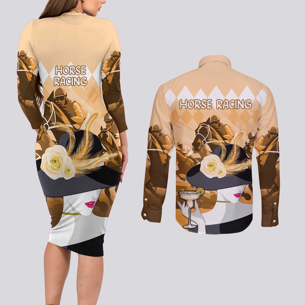 Kentucky Horse Racing Couples Matching Long Sleeve Bodycon Dress and Long Sleeve Button Shirt Derby Mint Julep Girl - Gold Pastel LT14