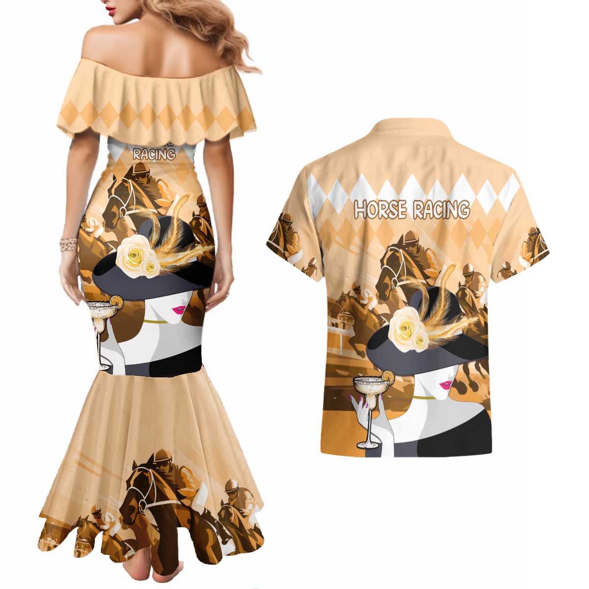 Kentucky Horse Racing Couples Matching Mermaid Dress and Hawaiian Shirt Derby Mint Julep Girl - Gold Pastel LT14