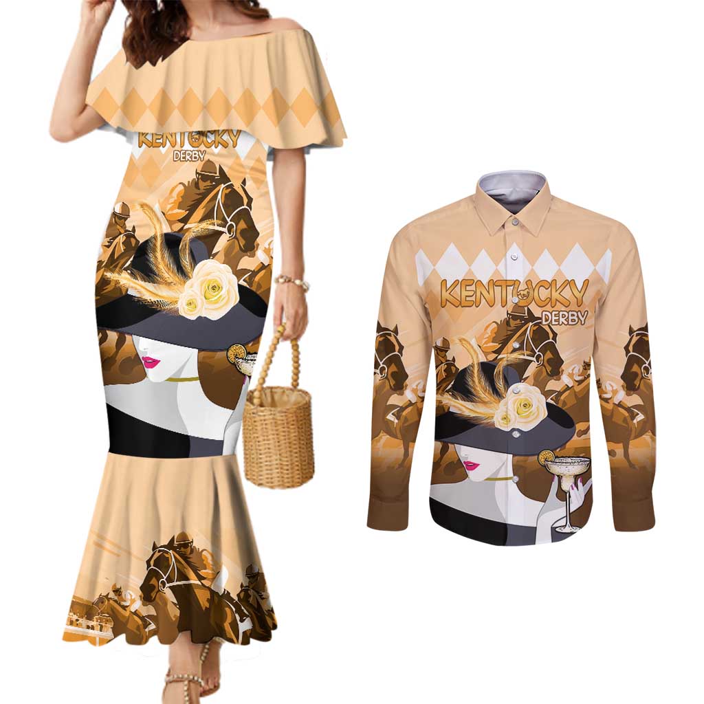Kentucky Horse Racing Couples Matching Mermaid Dress and Long Sleeve Button Shirt Derby Mint Julep Girl - Gold Pastel LT14