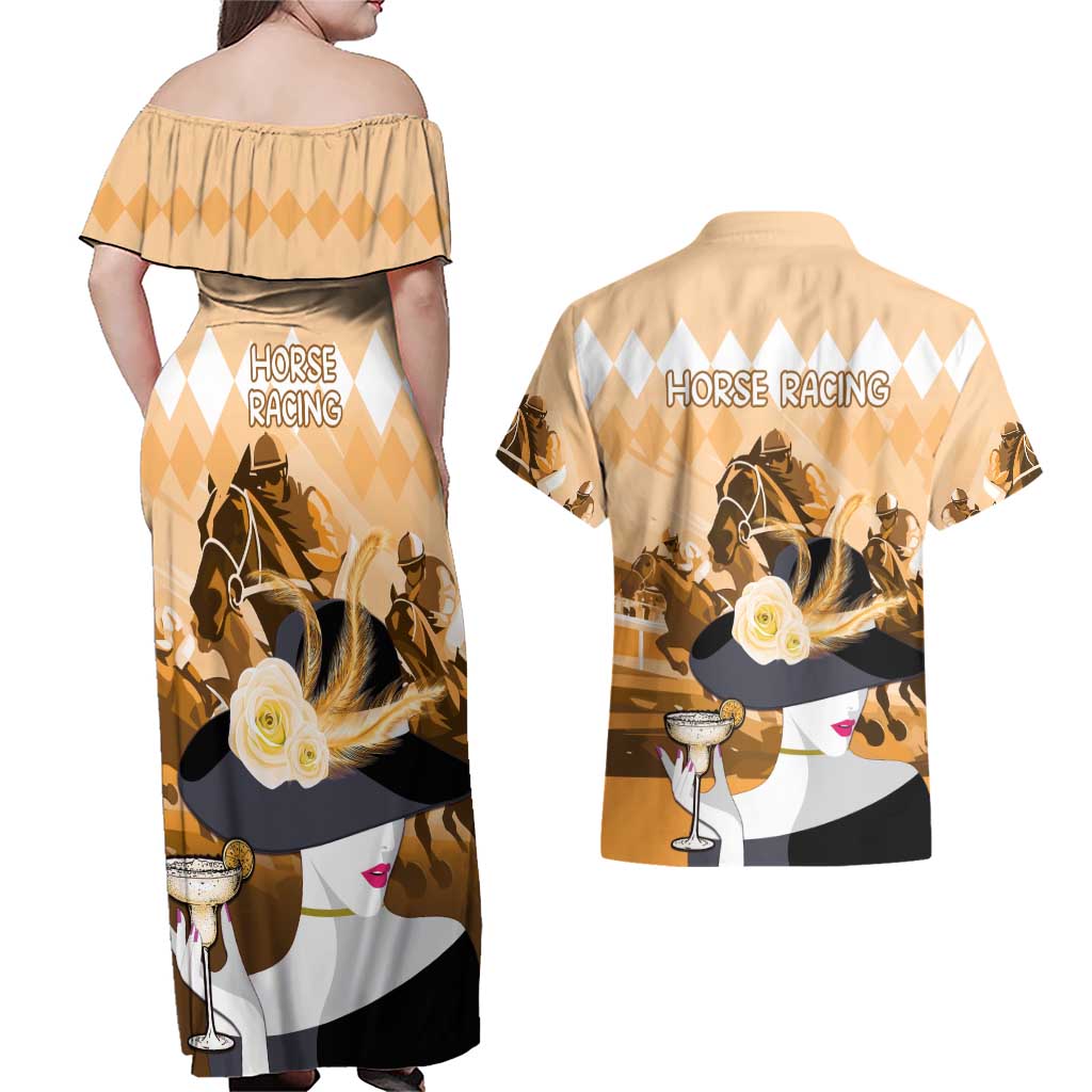 Kentucky Horse Racing Couples Matching Off Shoulder Maxi Dress and Hawaiian Shirt Derby Mint Julep Girl - Gold Pastel LT14