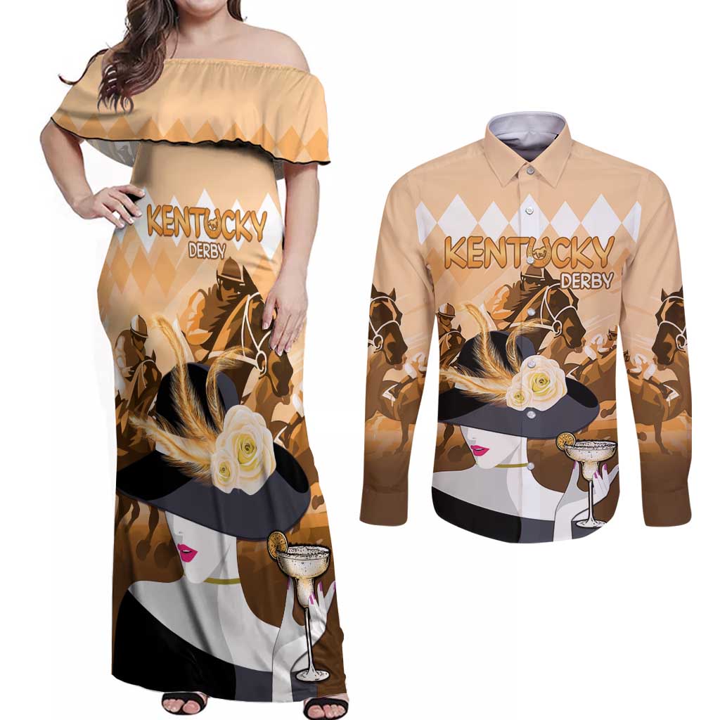 Kentucky Horse Racing Couples Matching Off Shoulder Maxi Dress and Long Sleeve Button Shirt Derby Mint Julep Girl - Gold Pastel LT14