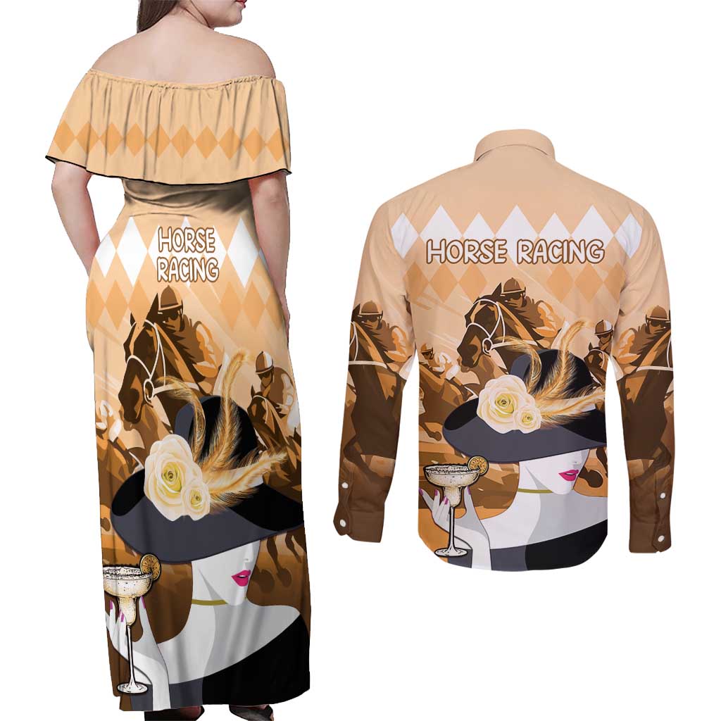 Kentucky Horse Racing Couples Matching Off Shoulder Maxi Dress and Long Sleeve Button Shirt Derby Mint Julep Girl - Gold Pastel LT14