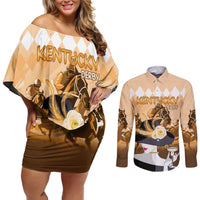 Kentucky Horse Racing Couples Matching Off Shoulder Short Dress and Long Sleeve Button Shirt Derby Mint Julep Girl - Gold Pastel LT14