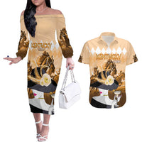 Kentucky Horse Racing Couples Matching Off The Shoulder Long Sleeve Dress and Hawaiian Shirt Derby Mint Julep Girl - Gold Pastel LT14