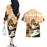 Kentucky Horse Racing Couples Matching Off The Shoulder Long Sleeve Dress and Hawaiian Shirt Derby Mint Julep Girl - Gold Pastel LT14