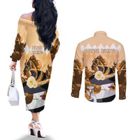 Kentucky Horse Racing Couples Matching Off The Shoulder Long Sleeve Dress and Long Sleeve Button Shirt Derby Mint Julep Girl - Gold Pastel LT14