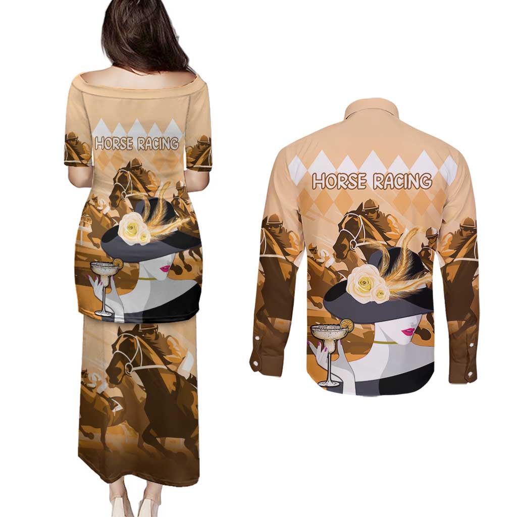 Kentucky Horse Racing Couples Matching Puletasi and Long Sleeve Button Shirt Derby Mint Julep Girl - Gold Pastel LT14