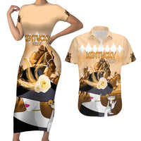 Kentucky Horse Racing Couples Matching Short Sleeve Bodycon Dress and Hawaiian Shirt Derby Mint Julep Girl - Gold Pastel LT14