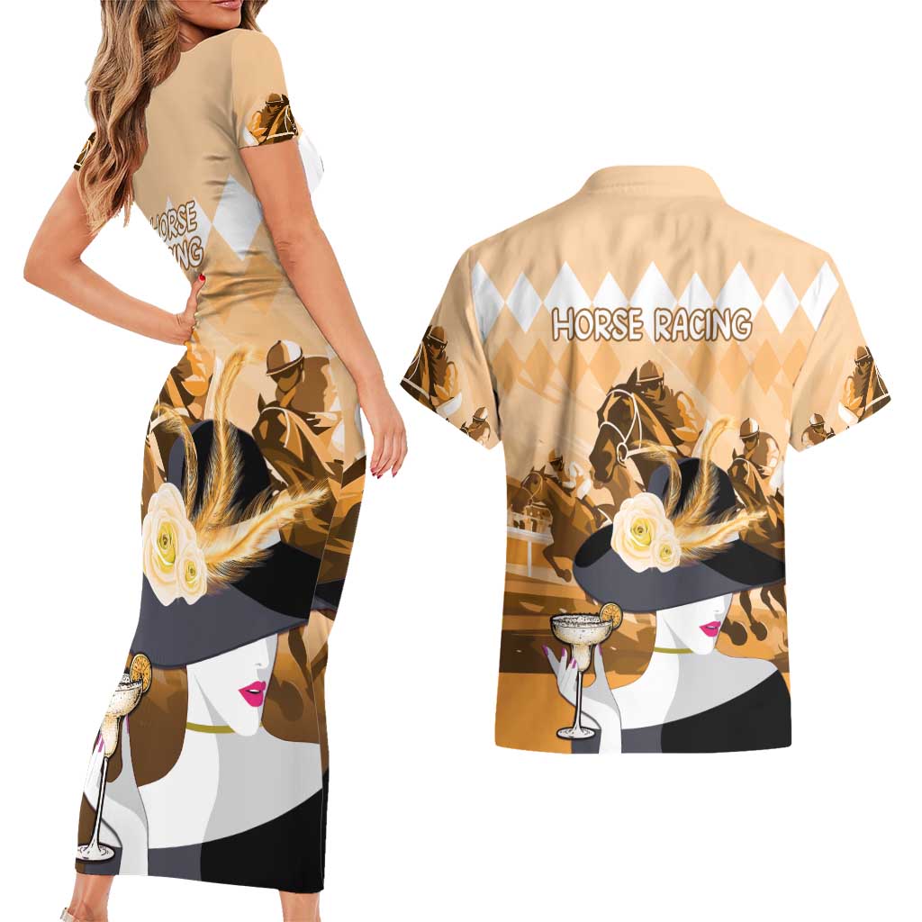 Kentucky Horse Racing Couples Matching Short Sleeve Bodycon Dress and Hawaiian Shirt Derby Mint Julep Girl - Gold Pastel LT14