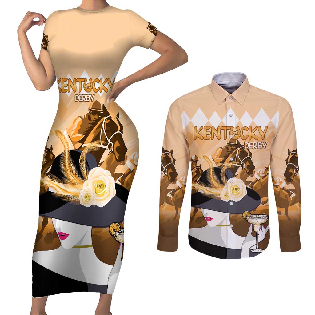 Kentucky Horse Racing Couples Matching Short Sleeve Bodycon Dress and Long Sleeve Button Shirt Derby Mint Julep Girl - Gold Pastel LT14