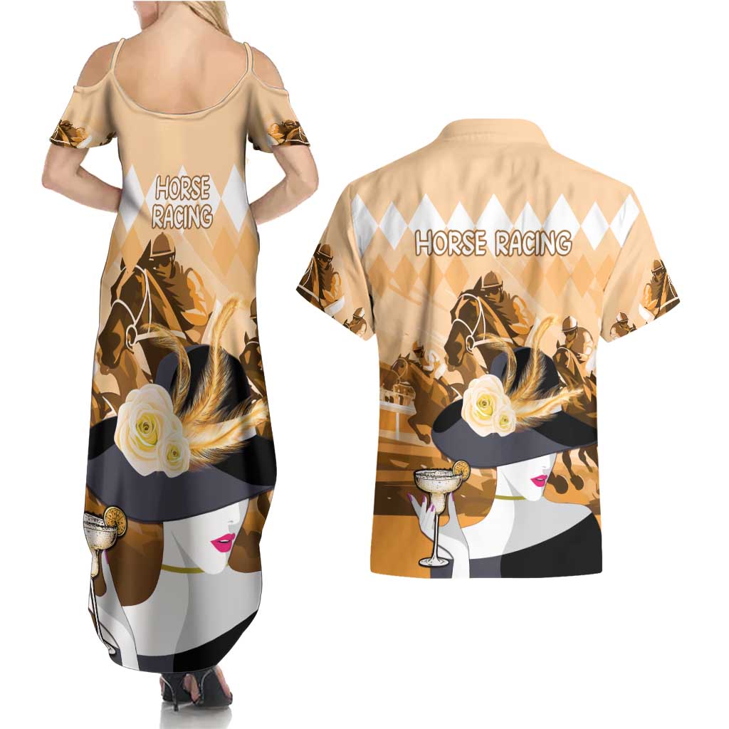 Kentucky Horse Racing Couples Matching Summer Maxi Dress and Hawaiian Shirt Derby Mint Julep Girl - Gold Pastel LT14
