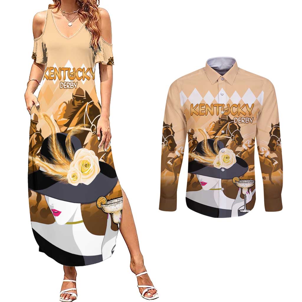 Kentucky Horse Racing Couples Matching Summer Maxi Dress and Long Sleeve Button Shirt Derby Mint Julep Girl - Gold Pastel LT14