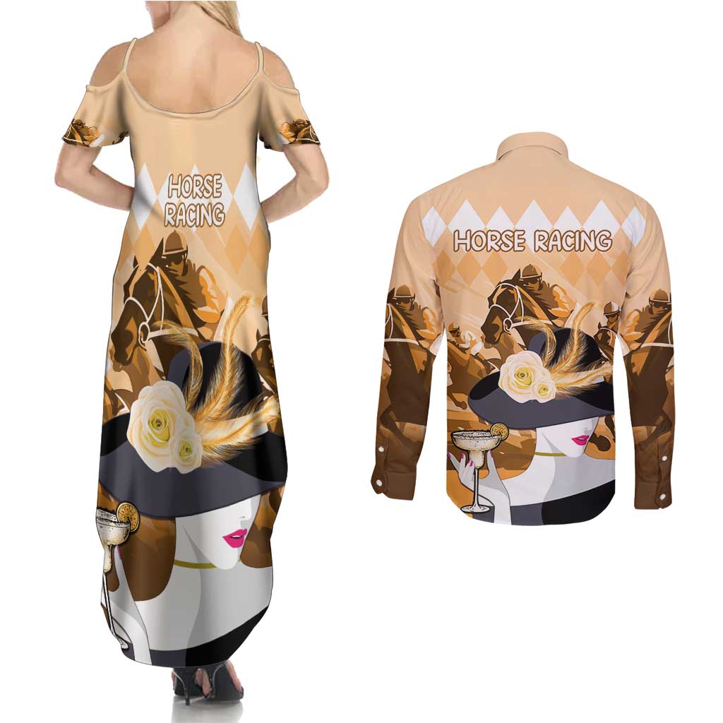 Kentucky Horse Racing Couples Matching Summer Maxi Dress and Long Sleeve Button Shirt Derby Mint Julep Girl - Gold Pastel LT14