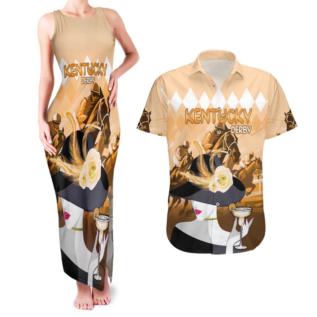 Kentucky Horse Racing Couples Matching Tank Maxi Dress and Hawaiian Shirt Derby Mint Julep Girl - Gold Pastel LT14