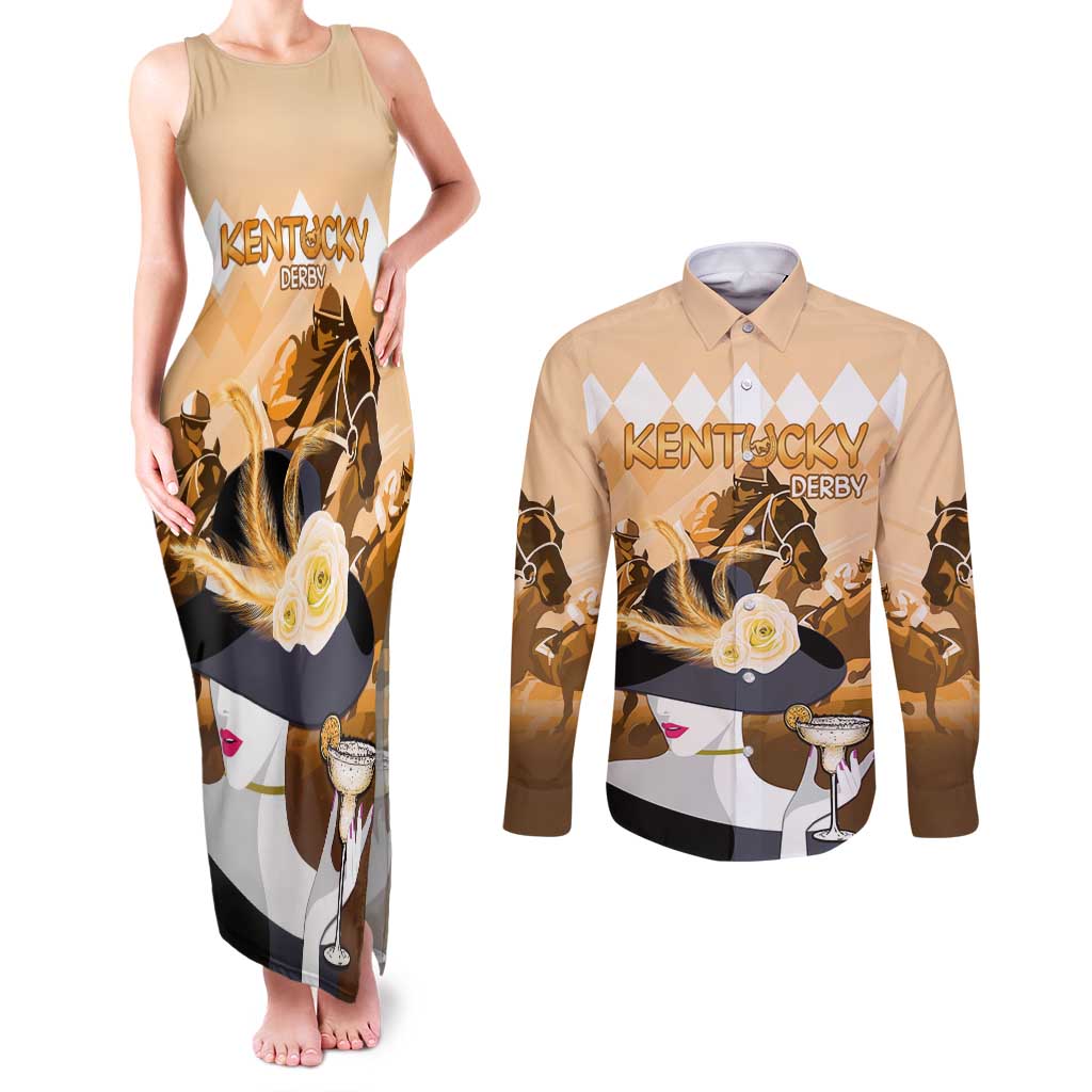 Kentucky Horse Racing Couples Matching Tank Maxi Dress and Long Sleeve Button Shirt Derby Mint Julep Girl - Gold Pastel LT14