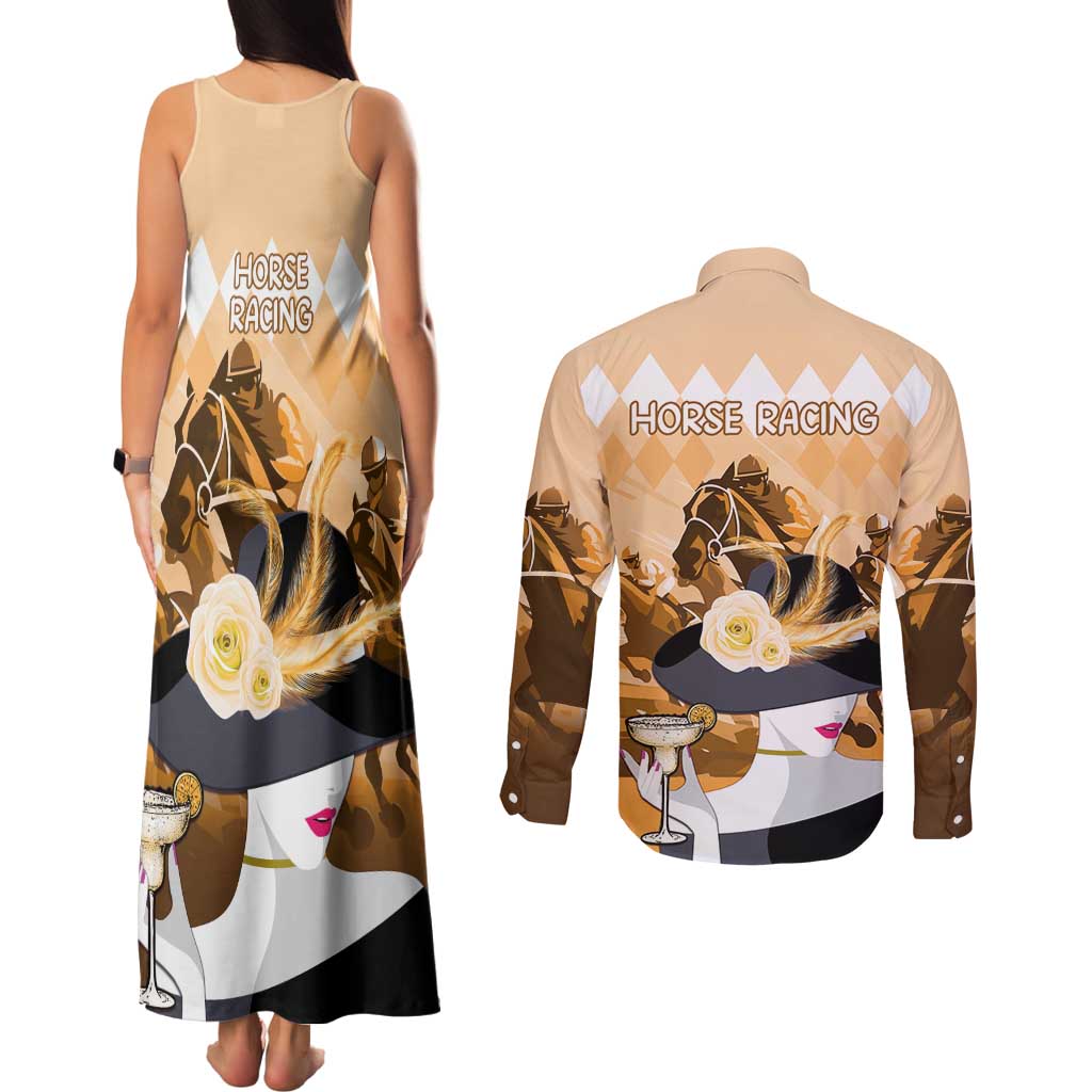 Kentucky Horse Racing Couples Matching Tank Maxi Dress and Long Sleeve Button Shirt Derby Mint Julep Girl - Gold Pastel LT14