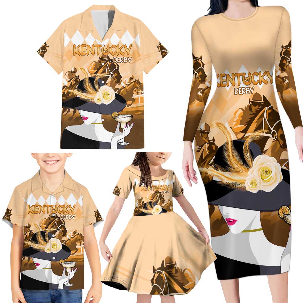 Kentucky Horse Racing Family Matching Long Sleeve Bodycon Dress and Hawaiian Shirt Derby Mint Julep Girl - Gold Pastel LT14