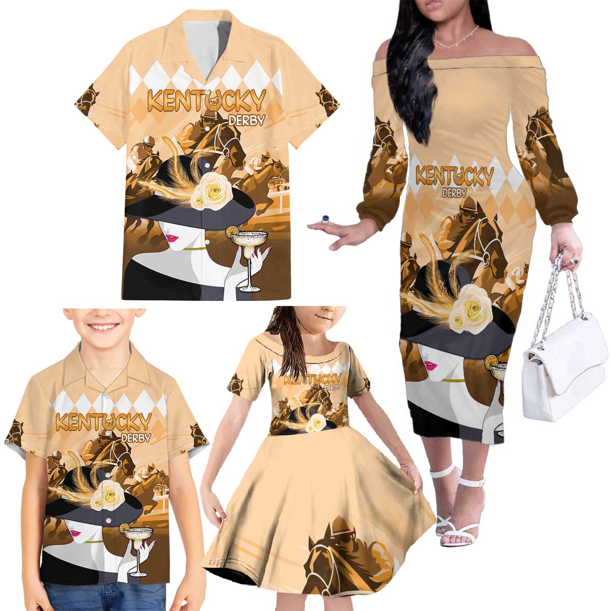 Kentucky Horse Racing Family Matching Off The Shoulder Long Sleeve Dress and Hawaiian Shirt Derby Mint Julep Girl - Gold Pastel LT14